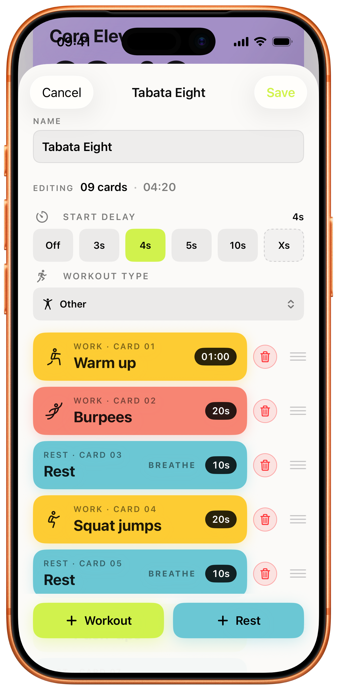 Routine editor with stacked workout cards