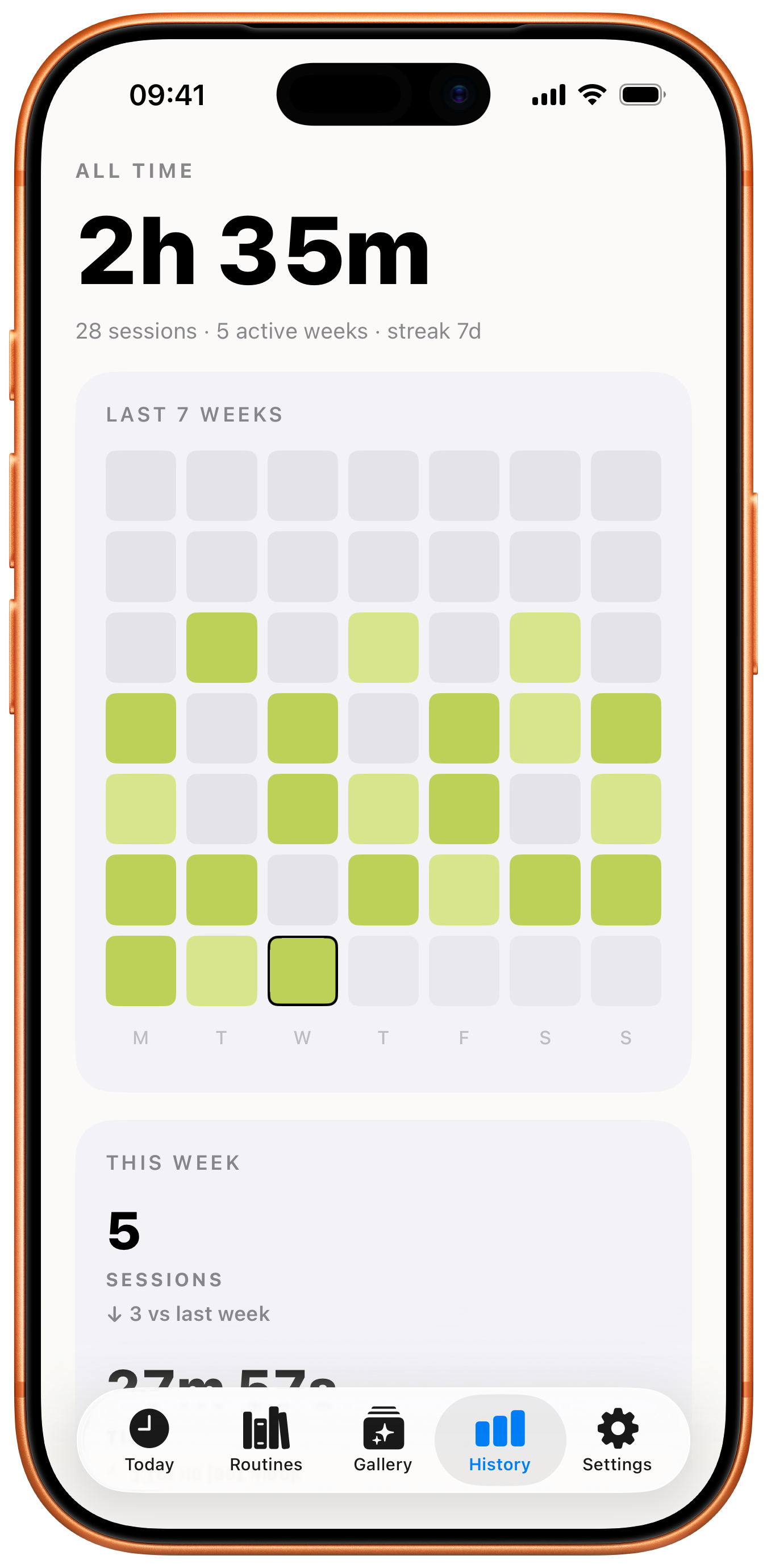 History view with a 7-week heat grid