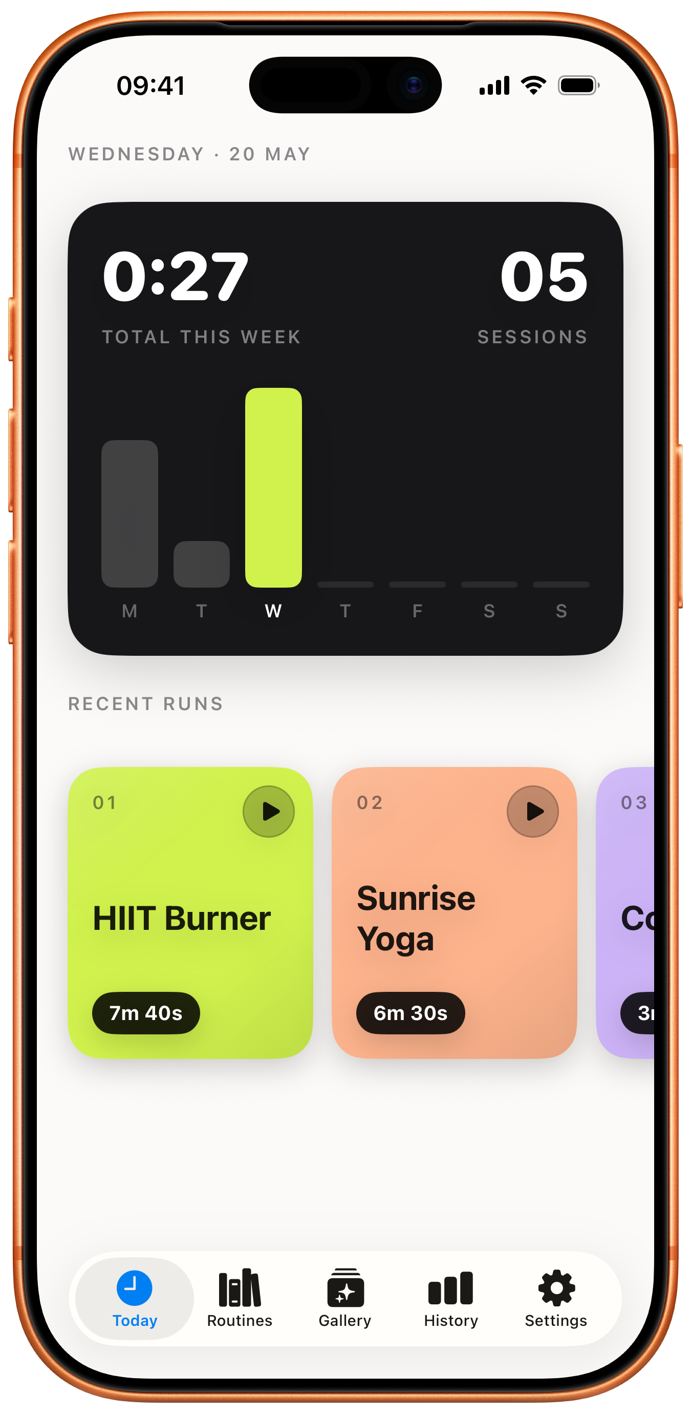 Interval Timer Today screen on iPhone — weekly total, daily activity bars, recent runs